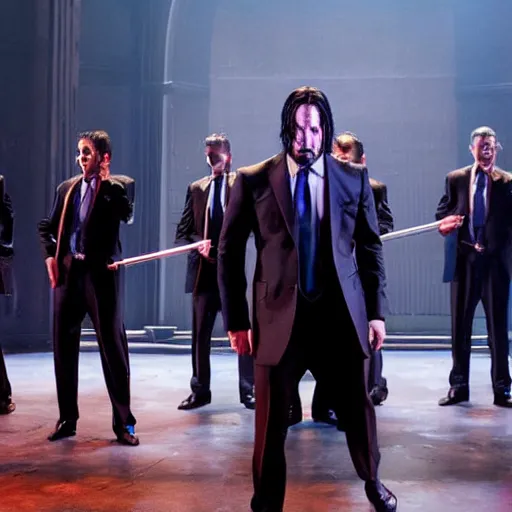 Image similar to Production photo of John Wick the musical on broadway, dancing, singing, fighting, John Wick costumes by Julie Taymor, set design by Julie Taymor