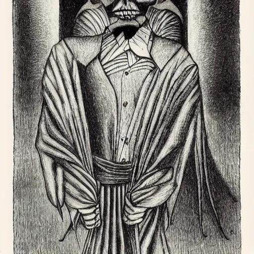 Image similar to Nick Cave in disguise as the devil, by Santiago Caruso, by M.C. Escher, by Kazimir Malevich, fairy-tale illustration style, very detailed, colorful, beautiful, eerie, surreal, psychedelic