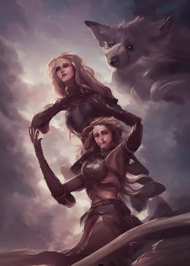 Prompt: a noble knight women raise her hand to summon her raccoon spirit above her, by artgerm, charlie bowater, featured on artstation