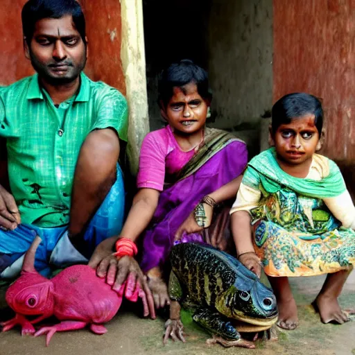Prompt: a happy Bengali family shattered by cat faced salesmen who are afraid of being eaten alive by giant frogs