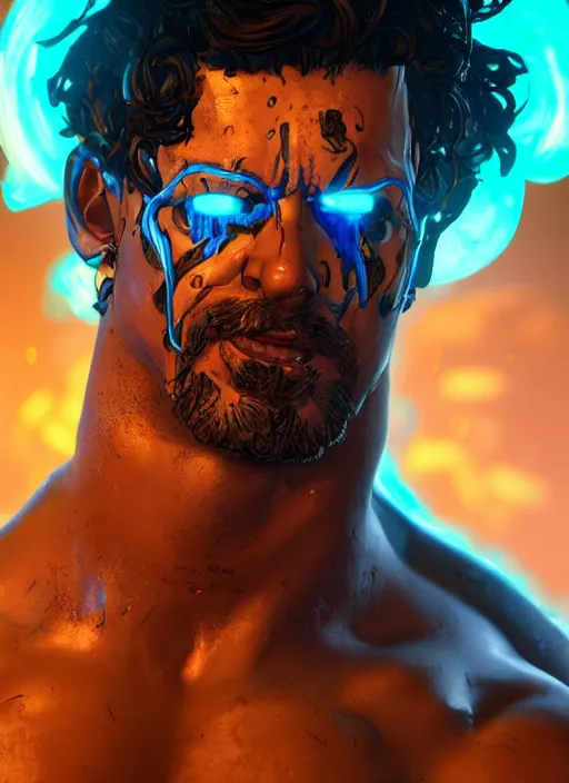 Prompt: glowwave portrait of curly hair muscular man from borderlands 3, au naturel, hyper detailed, digital art, trending in artstation, cinematic lighting, studio quality, smooth render, unreal engine 5 rendered, octane rendered, art style by klimt and nixeu and ian sprigger and wlop and krenz cushart.