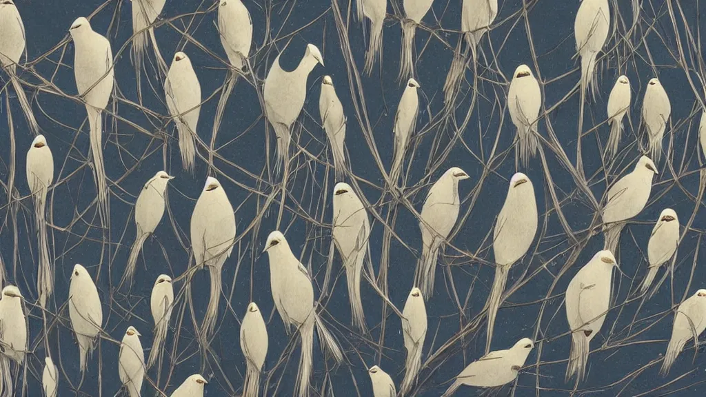 Prompt: a row of fat bearded reedlings, midnight, moonlight, full moon, highly detailed, intricate, hyper realistic, studio ghibli