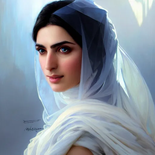 Prompt: a Photorealistic dramatic hyperrealistic,Crystal blue eyes arab ameera al taweel with black hair, white veil,elegant face, by WLOP,Artgerm,Greg Rutkowski,Alphonse Mucha, Beautiful dynamic,shadows,Artstation,concept design art,Octane render,8K