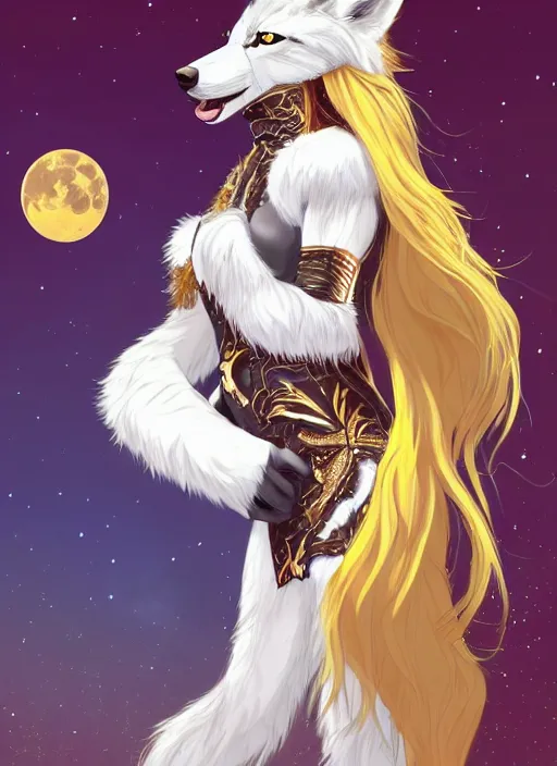 Image similar to commissioned full body portrait of a female anthro wolf princess fursona with a wolf head white fur and long red hair hair wearing a blue and gold Japanese armored dress in a white and gold palace on a starry night with a large crescent moon, by a professional manga illustrator, by Kilian Eng, by Sandra Chevrier, trending on artstation