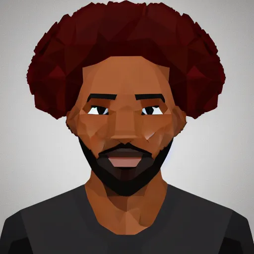 Prompt: low polygon render of a black man with afro hair and raspy bear stubble, high quality, clean, sharp