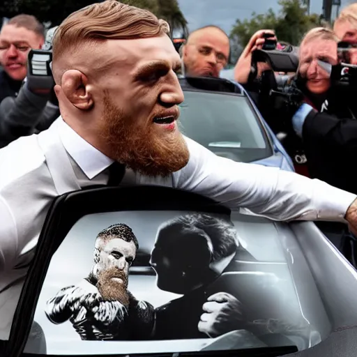 Image similar to a car wrestling conor mcgregor