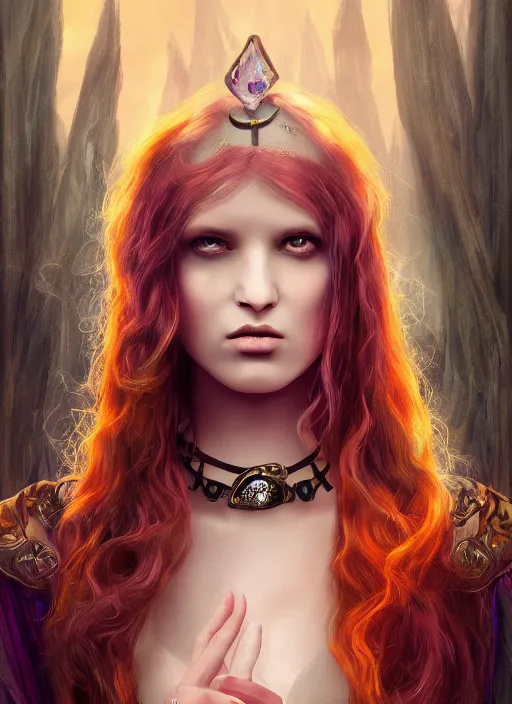 Image similar to tarot!!, pale, beautiful witch with long hair, fantasy medieval, jeweled choker, vivid colors, elegant, concept art, sharp focus, beautiful face!!, digital art, Hyper-realistic, 4K, Unreal Engine, Highly Detailed, Dramatic Lighting, Beautiful, by Brom, trending on Artstation, Tom Bagshaw, Sargent