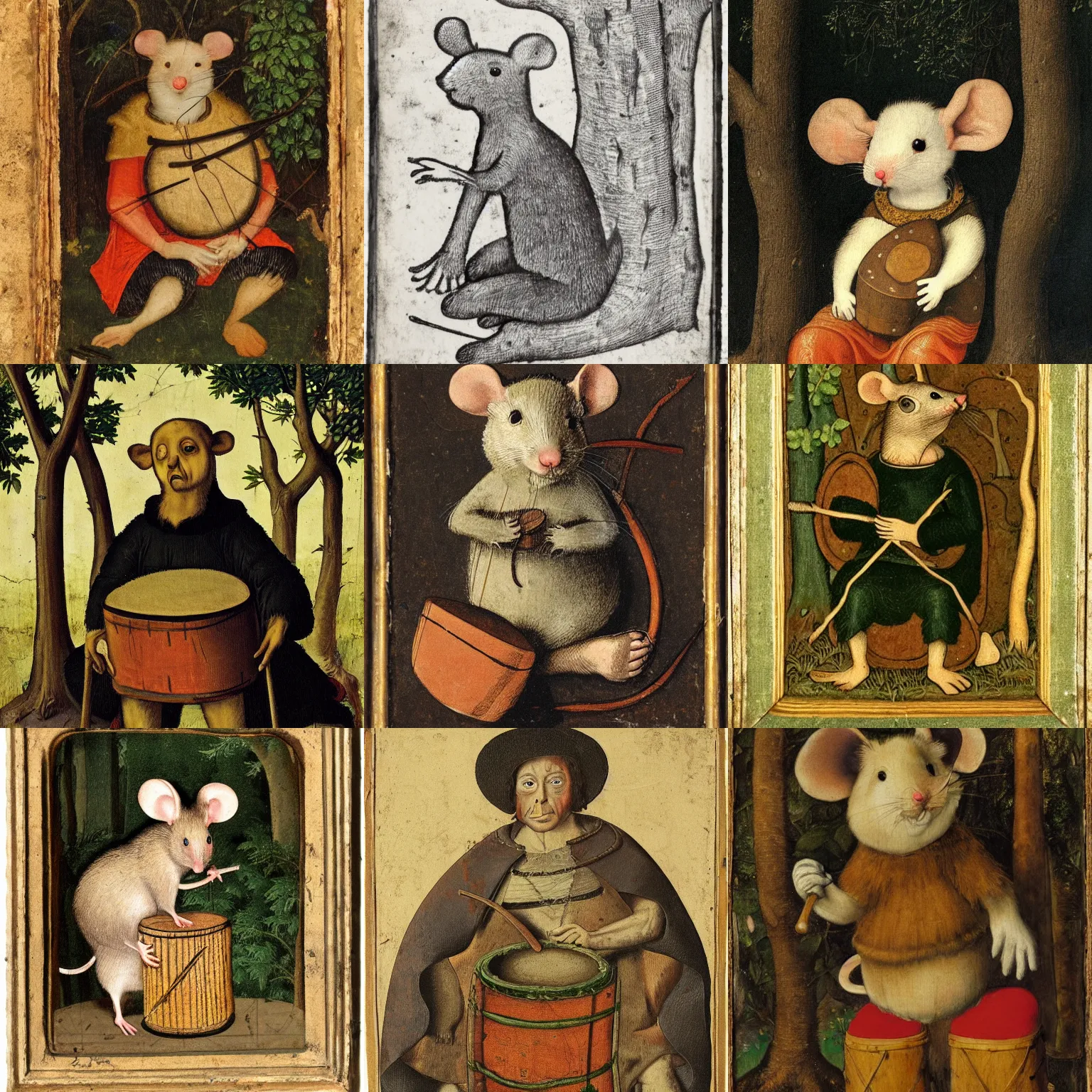 Prompt: mouse holding a drum, sitting in the forrest, medieval portrait