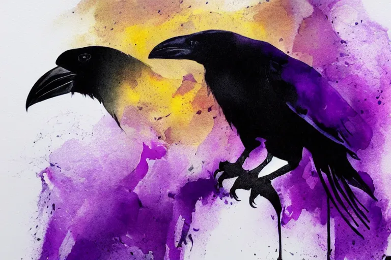 Image similar to beautiful serene smart raven, healing through motion, minimalistic golden and purple ink airbrush painting on white background