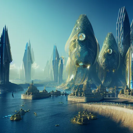 Image similar to a golden fantasy sci fi luxurious city with cerulean oceansides, scandinavian / norse influenced, cinematic, ray traced, octane render, cinematic lighting, ultrarealistic, featured on artstation, 8 k uhd artwork