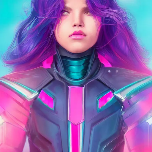 Prompt: a stunning upper body portrait of a beautiful young woman wearing futuristic navy blue and teal battle bodyarmor and pauldrons and ombre purple and pink hairstyle with hair blowing in the wind, by marvel comics, neon, highly detailed, fine detail, intricate, digital art, trending on artstation