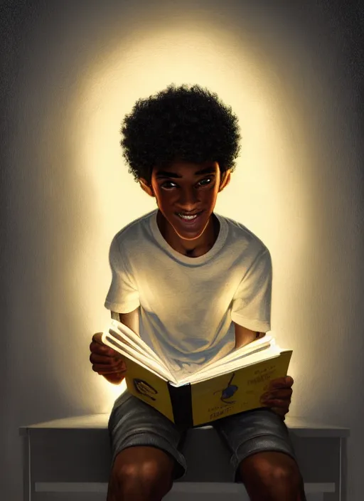 Image similar to portrait of teenage chuck clayton, black teenage boy, short curly hair, short hair square jaw, slight excited smile, reading a comic book, intricate, elegant, glowing lights, highly detailed, digital painting, artstation, concept art, smooth, sharp focus, illustration, art by wlop, mars ravelo and greg rutkowski