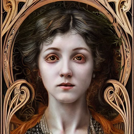 Prompt: hyperrealistic detailed horrific beautiful githic portrait of woman in artnouveau style and anne stoke style darksharp focus