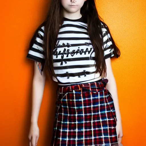 Image similar to female jade weber model teenage goth photography plaid mini skirt band shirt beautiful face, dramatic light darkroom