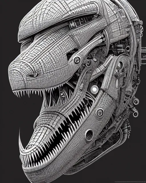 Image similar to intricate mechanical robot trex dinosaur head, transformer, symmetrical illustration, bold line symmetrical illustration by peter gric, hr giger, kim jung gi, joe fenton, scifi, screen print, trending on art station, sharp, high contrast, ultrafine hyper detailed,