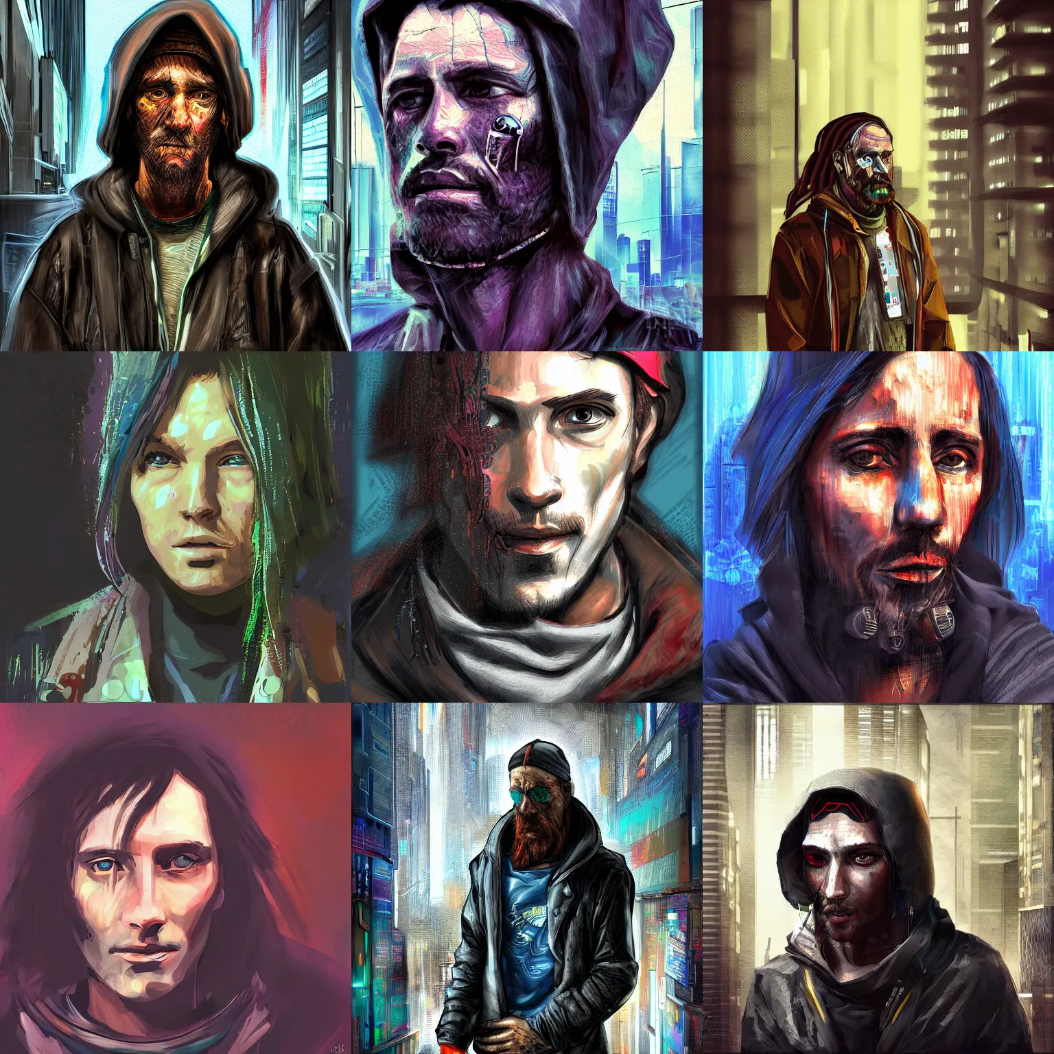 Prompt: cyberpunk homeless, digital art, portrait