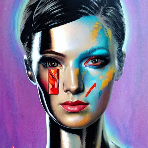Prompt: portrait of a female android painted by Normand Rockwell and Sandra Chevrier