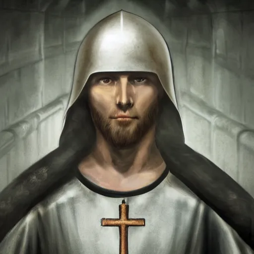 Image similar to A pale young man stands inside a prison cell. Clad in shining armor he kneels and prays to a God others would have long abandoned. Sunshine lightly grazes his cheeks as he prays, his broken spear used as a cross to focus on. The knight's expression is sad, pensive, but resolute, decisive and stubborn. Portrait.