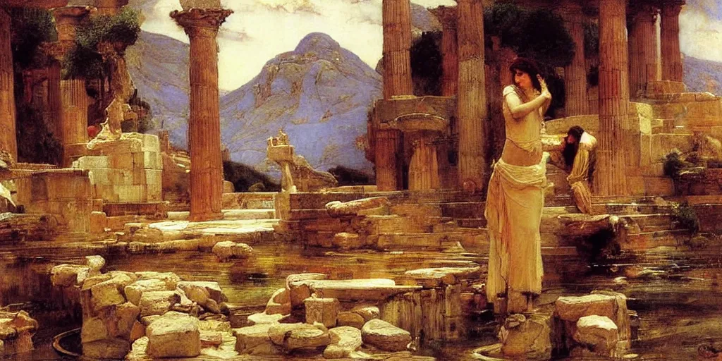 Prompt: The Oracle at Delphi by John William Waterhouse and Thomas Moran