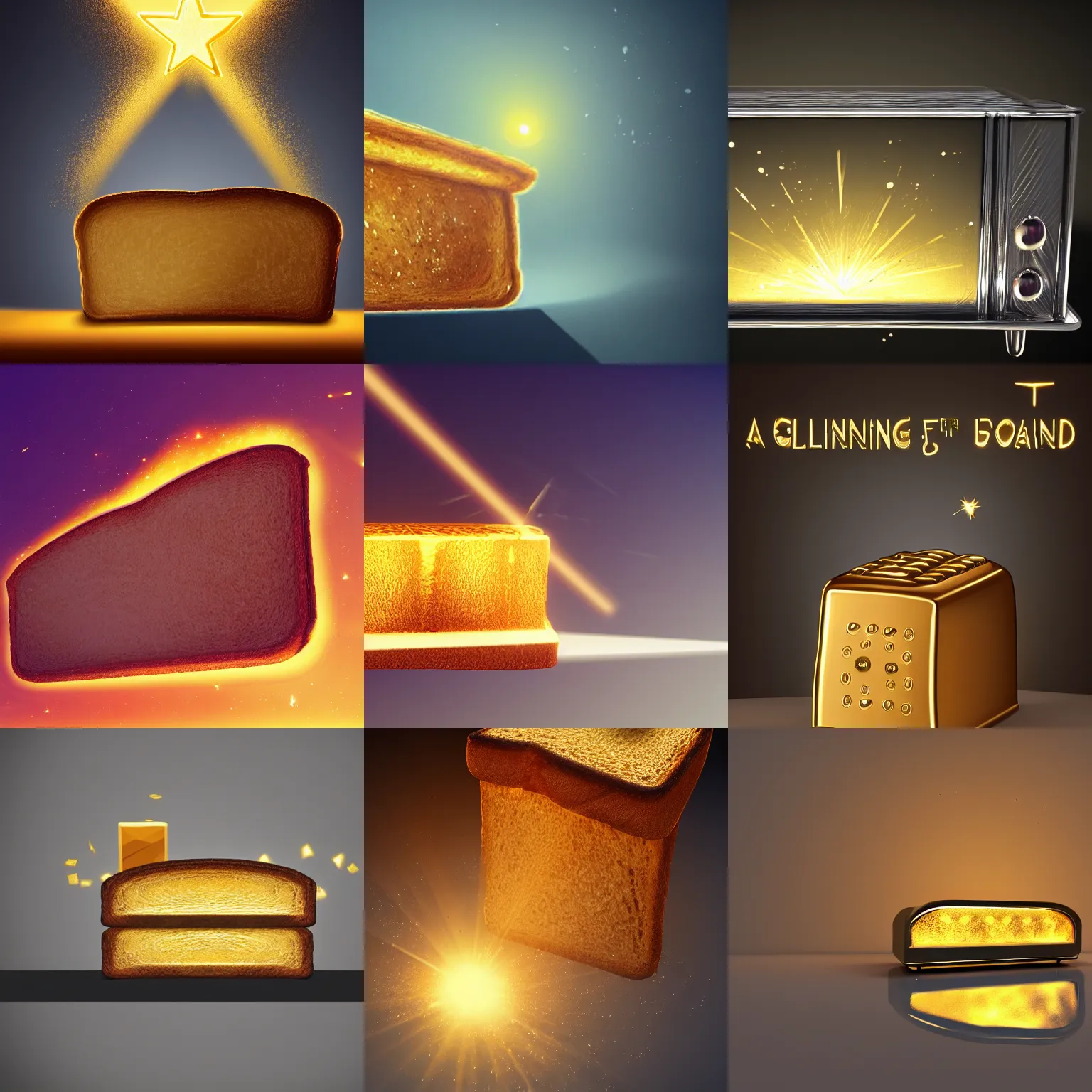 Prompt: a shining golden piece of toast flies vertically out of a shining silver toaster, 4 k, artstation