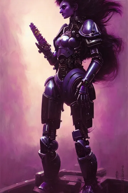 Image similar to portrait of a woman with a long black ponytail in purple sci - fi armor, kitsune inspired armor, mechanical armor, cybernetic hands, warhammer 4 0 k, stoic, grim dark, moody, portrait dnd, painting by gaston bussiere, craig mullins, greg rutkowski, yoji shinkawa