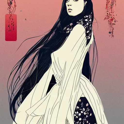 Image similar to fashion model Billie eilish wearing wedding dress art by Hokusai by greg rutkowski by wlop high detail comic sharp vector lineart dramtic lighting artstation by trevor henderson by rossd raws cinematic dramatic