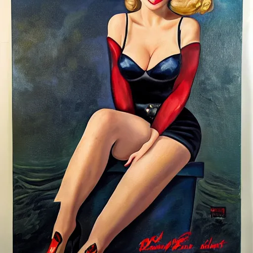 Prompt: Fully-clothed full-body portrait of Kate Upton as a pinup painting on world war II bomber