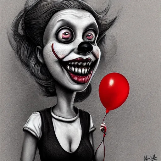 Image similar to surrealism grunge cartoon portrait sketch of millie bobbie brown with a wide smile and a red balloon by - michael karcz, loony toons style, pennywise style, horror theme, detailed, elegant, intricate