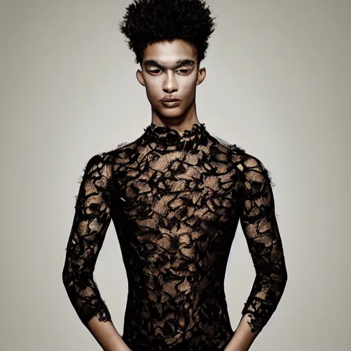 Prompt: a portrait of a beautiful young male wearing an alexander mcqueen bodysuit made of silk lace , photographed by andrew thomas huang, artistic