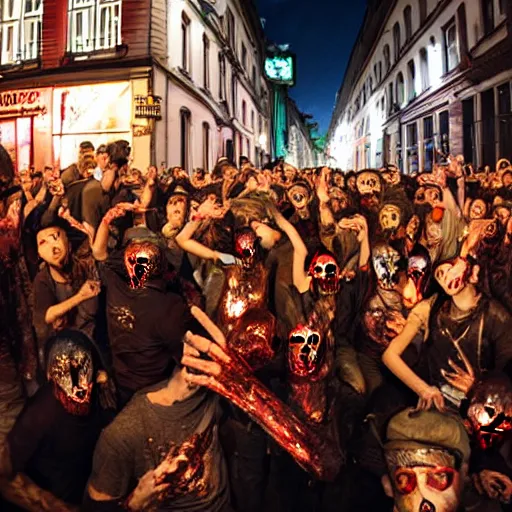 Image similar to zombies crowding the streets, drinking beer, in kreuzberg, at night