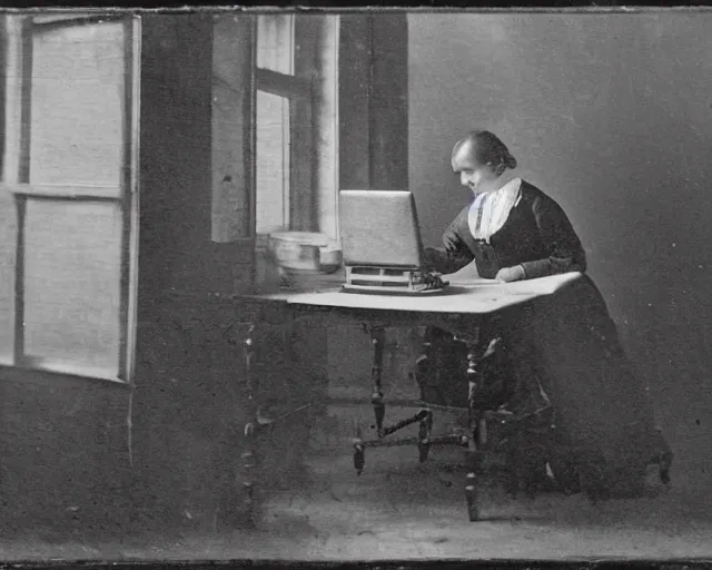 Image similar to an early 1800s photo of someone sitting at a computer making a donut in blender