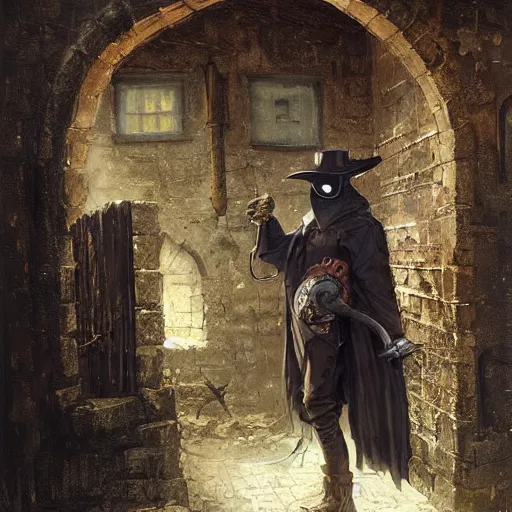 Prompt: steampunk plague doctor in medieval village, oil painting, by Greg Rutkowski