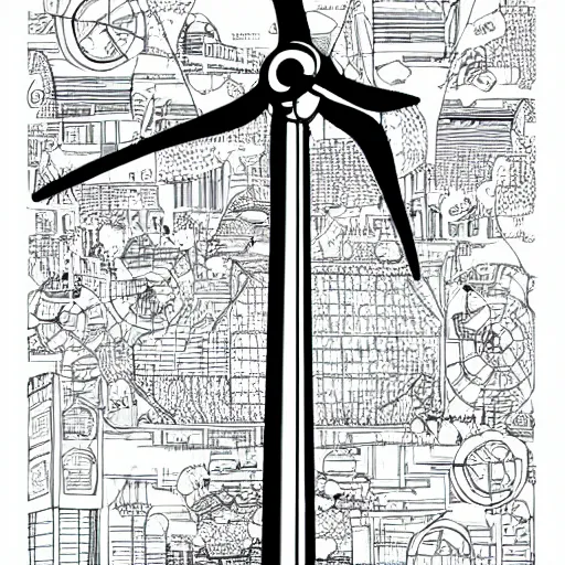 Image similar to Simplistic comic illustration of a wind turbine blueprint, black ball pen on white paper, by Josan Gonzalez and Geof Darrow