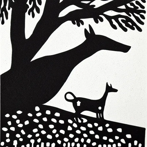 Image similar to minimalist linocut, black and white, greyhound in a forest