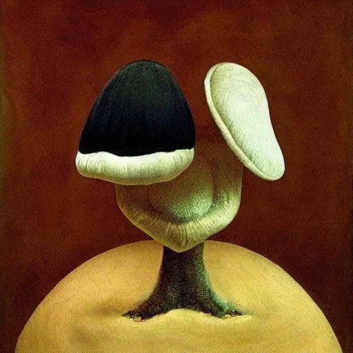 Image similar to portrait face head eyes man fungal ears Mushroom Cretin the Hermit camouflaged as a toadstool wearing a black shirt mark ryden greg rutkowski andrew wyeth giorgio de chirico