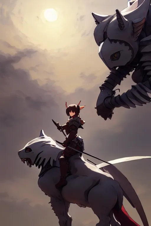 Image similar to a full body of the female knight riding a heavy armored giant cat, finely detailed features, closeup at the faces, perfect art, gapmoe yandere grimdark, trending on pixiv fanbox, painted by greg rutkowski makoto shinkai takashi takeuchi studio ghibli, akihiko yoshida