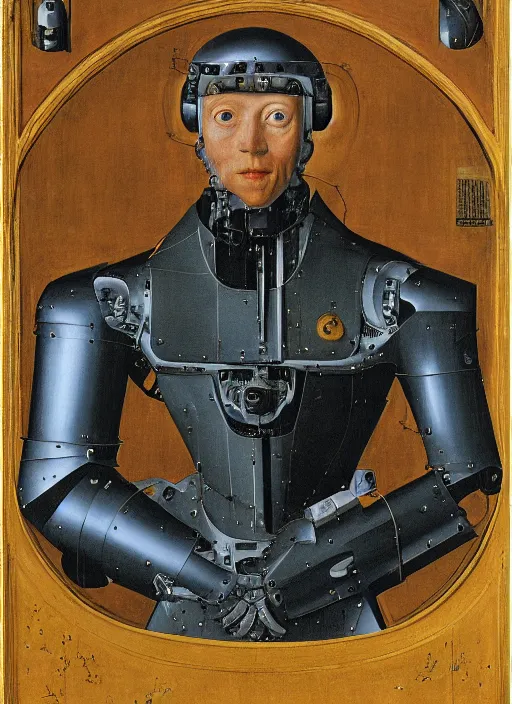 Image similar to a portrait of ED-209 by Jan van Eyck