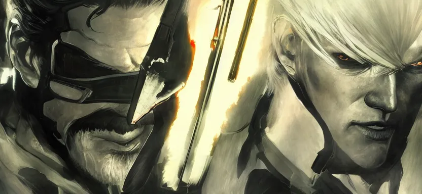 Image similar to metal gear rising revengeance, digital painting masterpiece, by ilya kuvshinov, by frank frazetta, by mœbius, by reiq, by hayao miyazaki, intricate detail, beautiful brush strokes, advanced lighting technology, 4 k wallpaper, interesting character design, stylized yet realistic anatomy and faces, inspired by kill bill animated scene