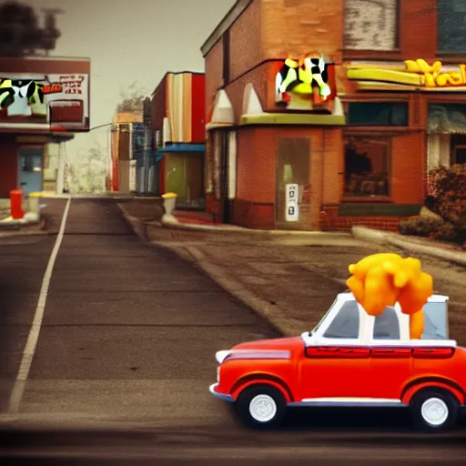 Prompt: Ronald McDonald driving through the Ghetto in his little clown car. Digital art. MC Donalds commercial style