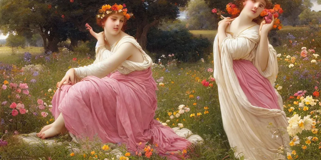 Image similar to Young goddess in a field of divine flowers by Alexander Averin and Charlie Bowater and Guillaume Seignac and Charles Edward Perugini and Edmund Blair Leighton and Delphin Enjolras