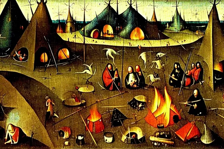 Image similar to hieronymus bosch painting of a campsite with bonfire