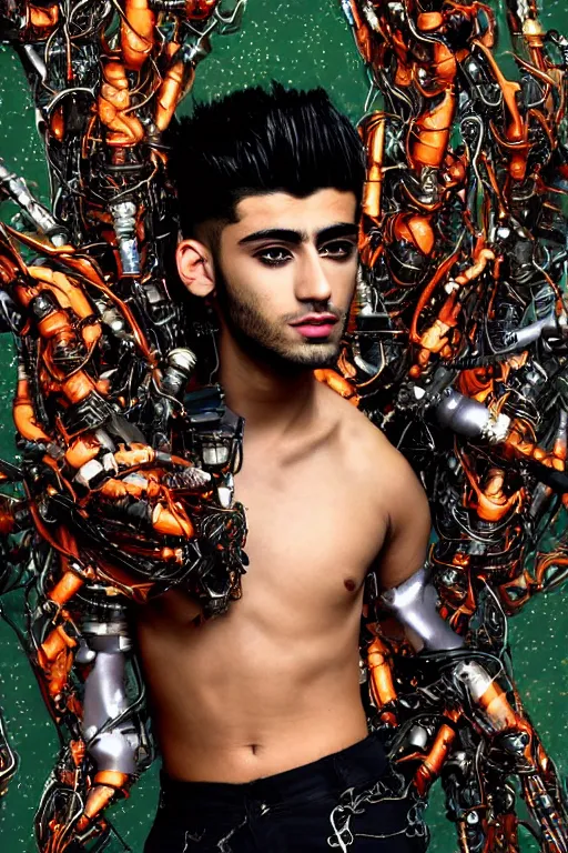 Image similar to full-body cyberpunk style sculpture of handsome singer Zayn Malik as a half cyborg with a chest opening exposing circuitry and electric sparks, glowing orange eyes, crown of green metal leaves, flowing salmon-colored silk, fabric, raptors. baroque elements. full-length view. baroque element. intricate artwork by caravaggio. many many birds birds on background. Trending on artstation, octane render, cinematic lighting from the right, hyper realism, octane render, 8k, depth of field, 3D