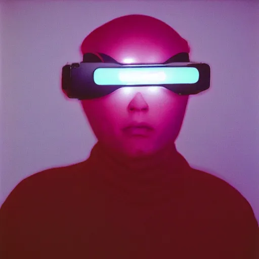 Image similar to art photography Invisible man wearing futuristic VR headset. By Guy Bourdin ,on 16K, Pentax 67, Kodak Portra 400 in style of Hiromasa Ogura Ghost in the Shell, the golden ratio, infrared ambient light