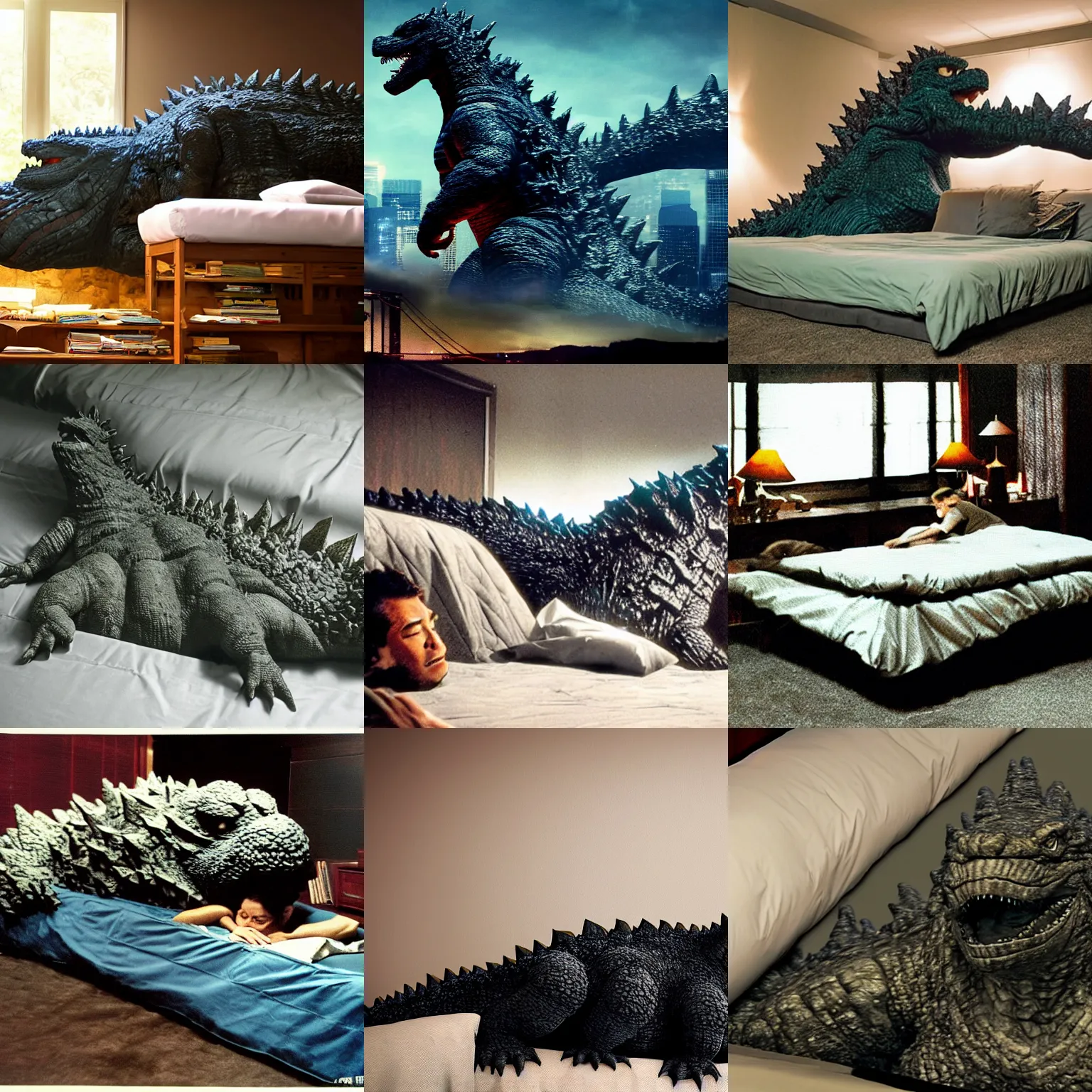 Prompt: godzilla lays under bed sheets with his head on the cushion in a large room