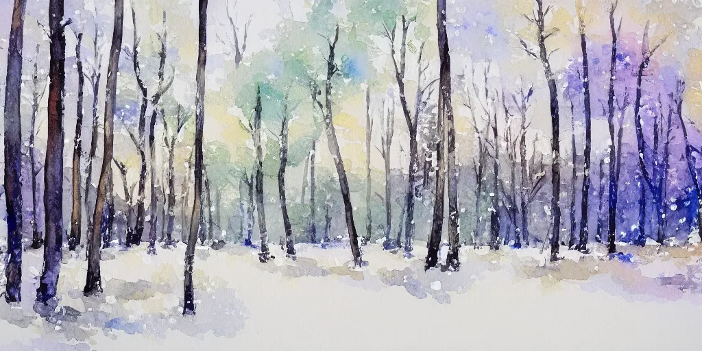 Prompt: a watercolor painting of trees in the snow by eero snellman, pixabay contest winner, modern european ink painting, watercolor, impressionism, painterly