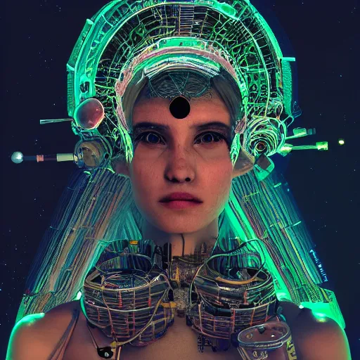 Image similar to space station on the moon, piles of modular synth cables mixed with mangrove roots, kawaii puerto rican goddess staring through your soul wearing a headpiece made of circuit boards, by cameron gray, wlop, stanley kubrick, masamune, hideki anno, jamie hewlett, unique perspective, eastman color, trending on artstation, cinematic, 3 d render, muted neon