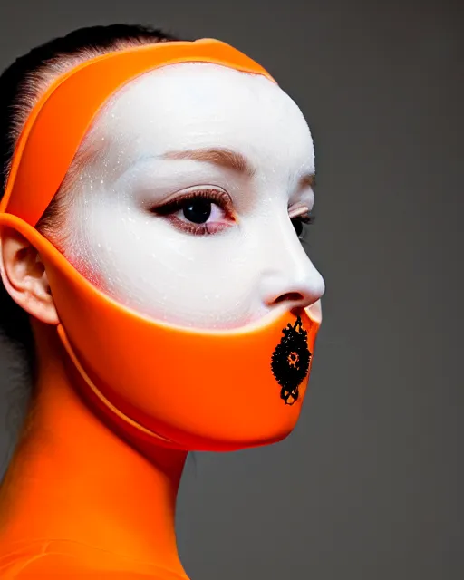 Prompt: symmetrical close - up portrait of a woman wearing a orange silicone embroidered beauty mask and hair buns, wearing a black bodysuit by alexander mcqueen, cream white background, soft light, biotechnology, humanoide robot, bjork aesthetic, translucent, by rineke dijkstra, intricate details, highly detailed, masterpiece,