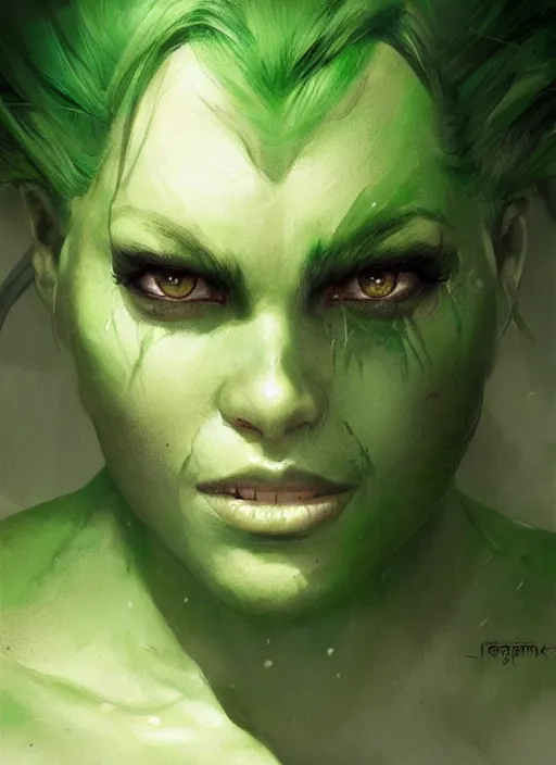 Image similar to green orc female, light green tone beautiful face, by artgerm, by greg rutkowski, by jeremy mann, digital painting