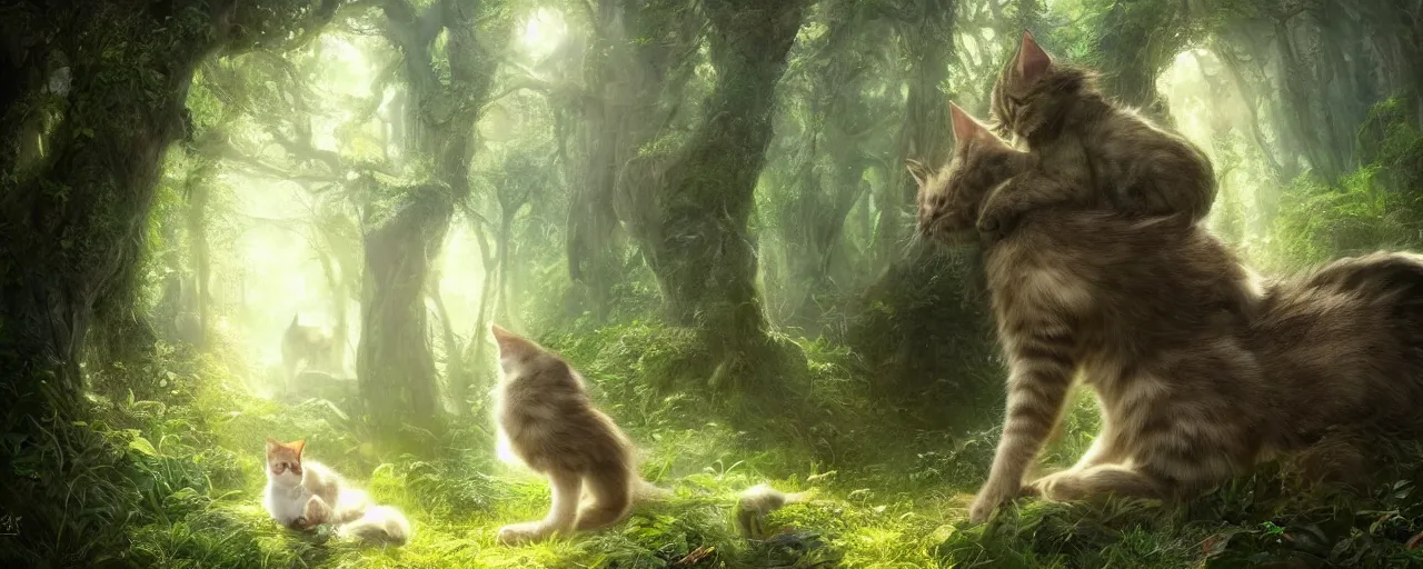 Prompt: a giant leaning down trying to pet a kitten with a magical forest background, beautiful dynamic lighting, cinematic, wide angle establishing shot, extremely high detail, photo realistic, cinematic lighting, post processed, concept art, artstation, matte painting, style by Anne-Louis Girodet , unreal engine 8k