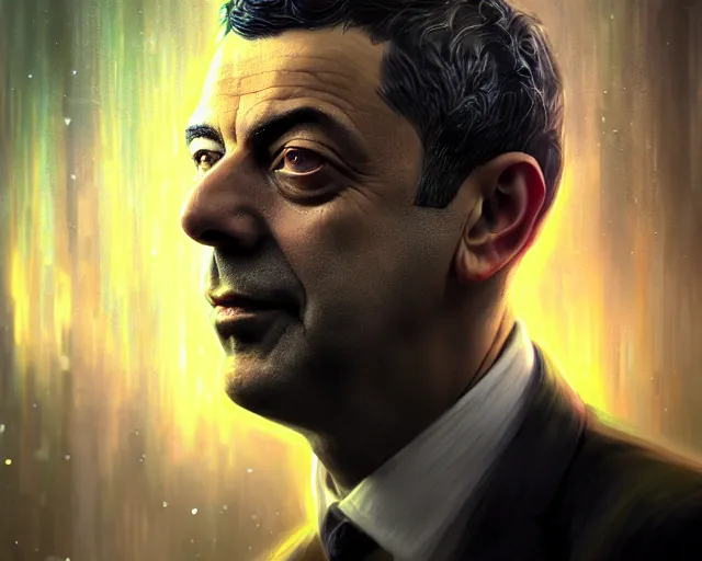 Image similar to lovecraft biopunk portrait of rowan sebastian atkinson, fractal background, au naturel, hyper detailed, digital art, trending in artstation, cinematic lighting, studio quality, smooth render, unreal engine 5 rendered, octane rendered, art style by klimt and nixeu and ian sprigger and wlop and krenz cushart.